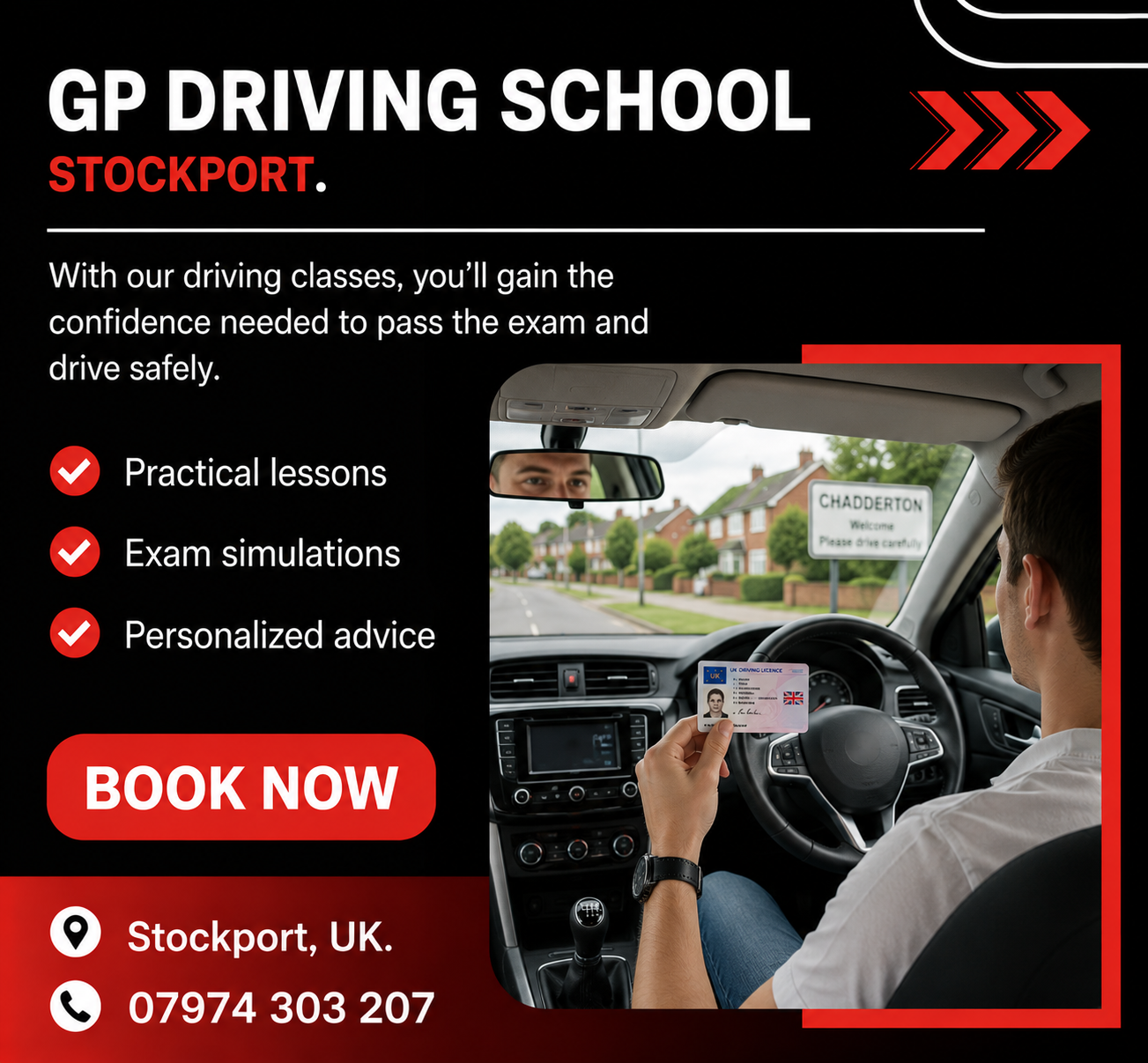 Manual driving school in Oldham learner in a UK right-hand-drive car